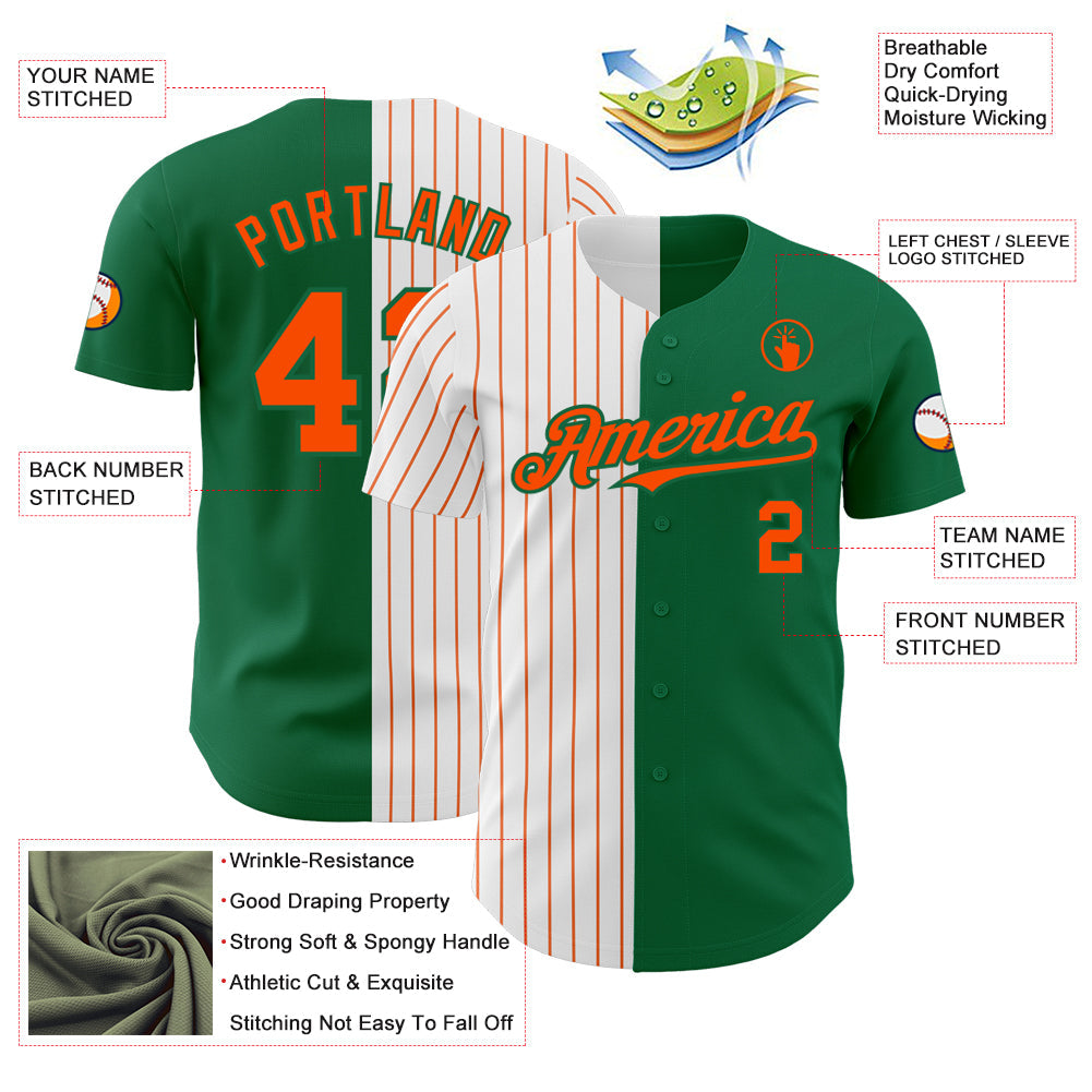 Custom Kelly Green White-Orange Pinstripe Authentic Split Fashion Baseball Jersey view 3