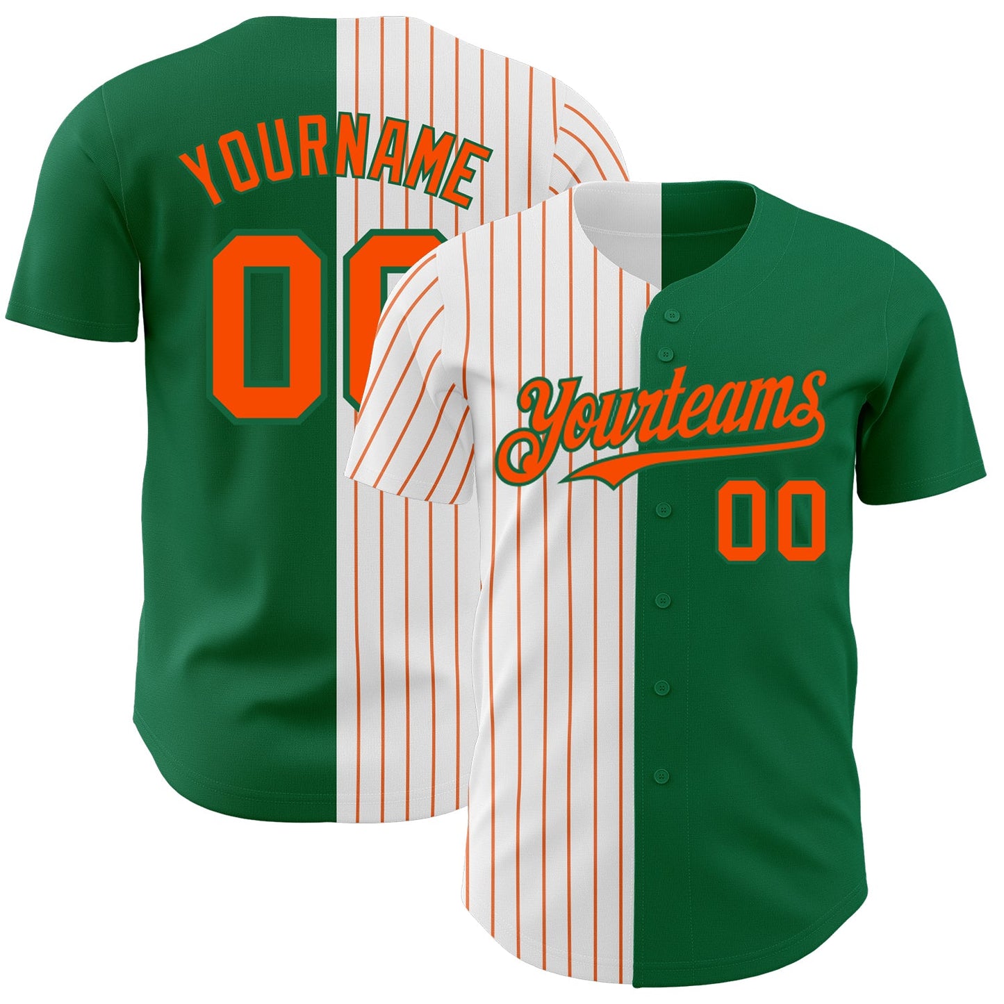Custom Kelly Green White-Orange Pinstripe Authentic Split Fashion Baseball Jersey - Main View