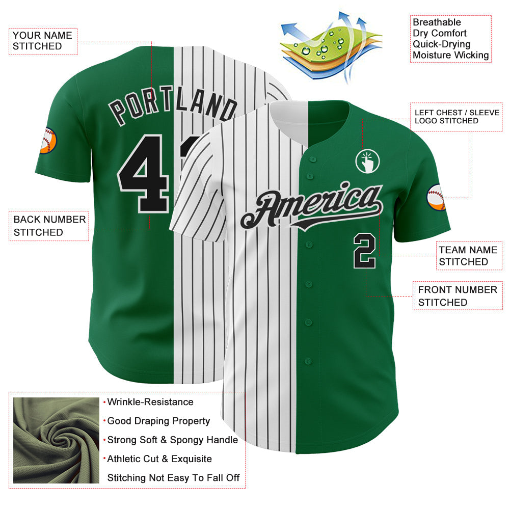 Custom Kelly Green White-Black Pinstripe Authentic Split Fashion Baseball Jersey view 3