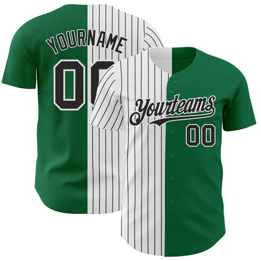 Custom Kelly Green White-Black Pinstripe Authentic Split Fashion Baseball Jersey - Main View