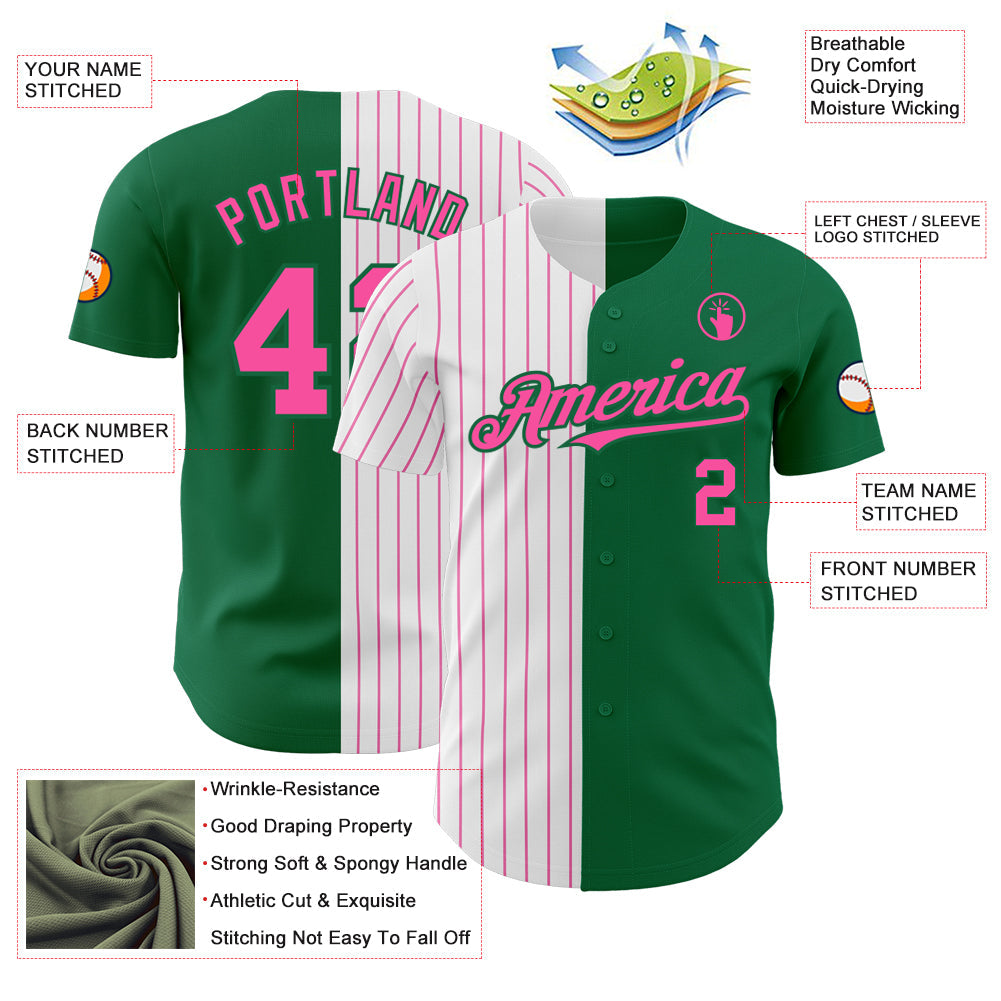 Custom Kelly Green White-Pink Pinstripe Authentic Split Fashion Baseball Jersey view 3