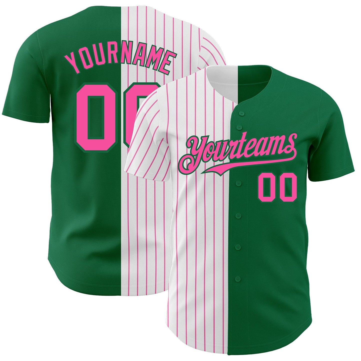 Custom Kelly Green White-Pink Pinstripe Authentic Split Fashion Baseball Jersey - Main View