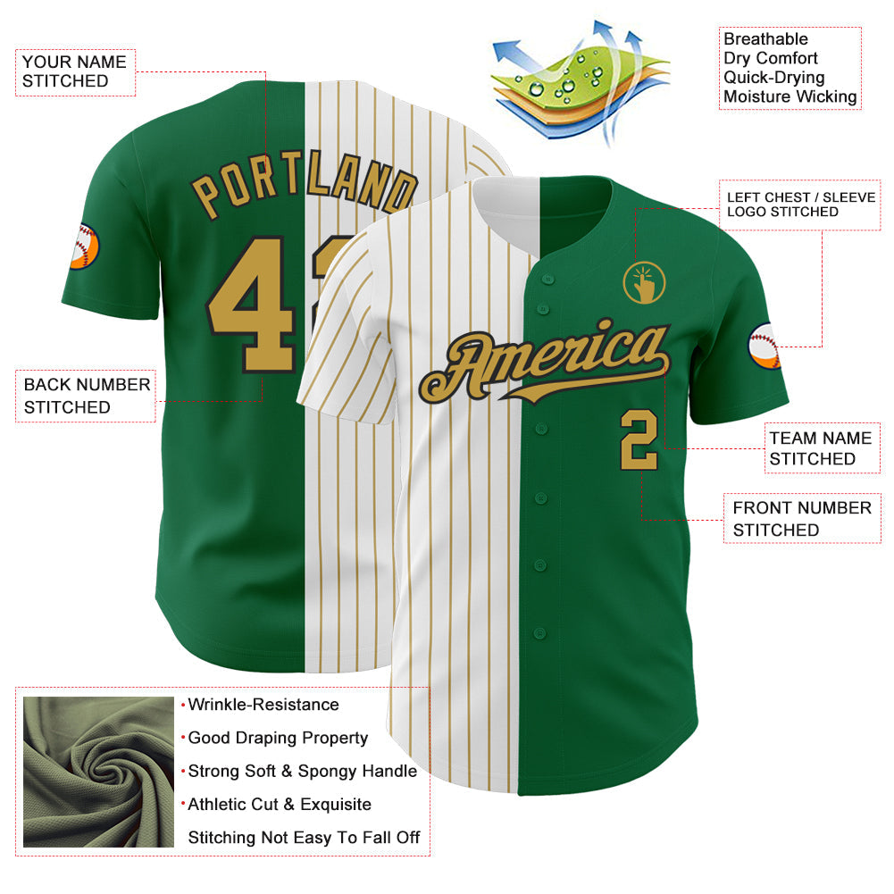 Custom Kelly Green Black-Old Gold Pinstripe Authentic Split Fashion Baseball Jersey view 3