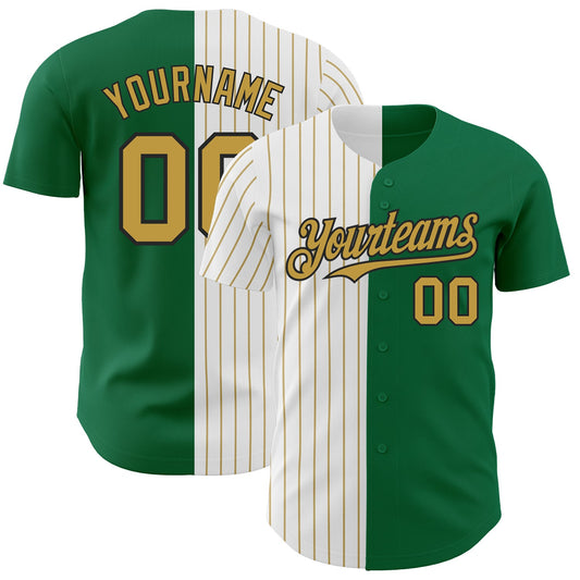 Custom Kelly Green Black-Old Gold Pinstripe Authentic Split Fashion Baseball Jersey - Main View
