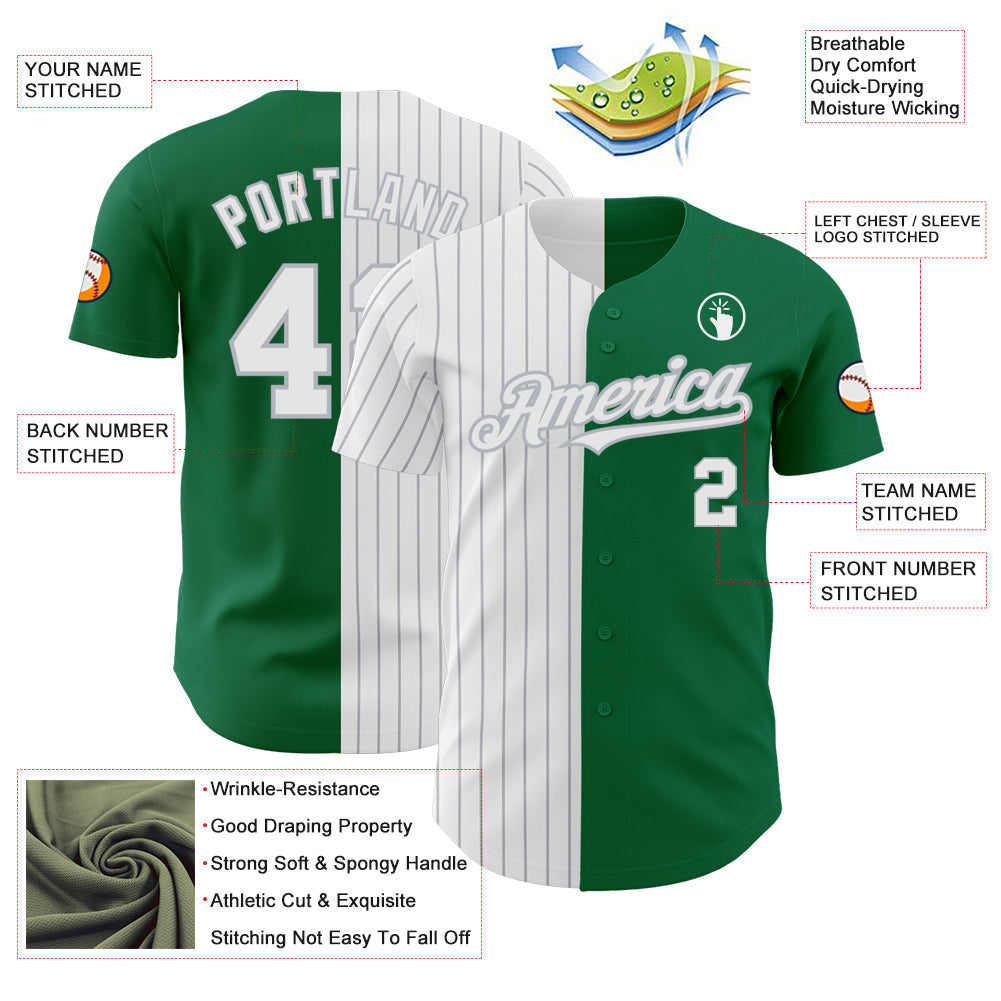 Custom Kelly Green White-Gray Pinstripe Authentic Split Fashion Baseball Jersey view 3
