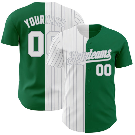 Custom Kelly Green White-Gray Pinstripe Authentic Split Fashion Baseball Jersey - Main View