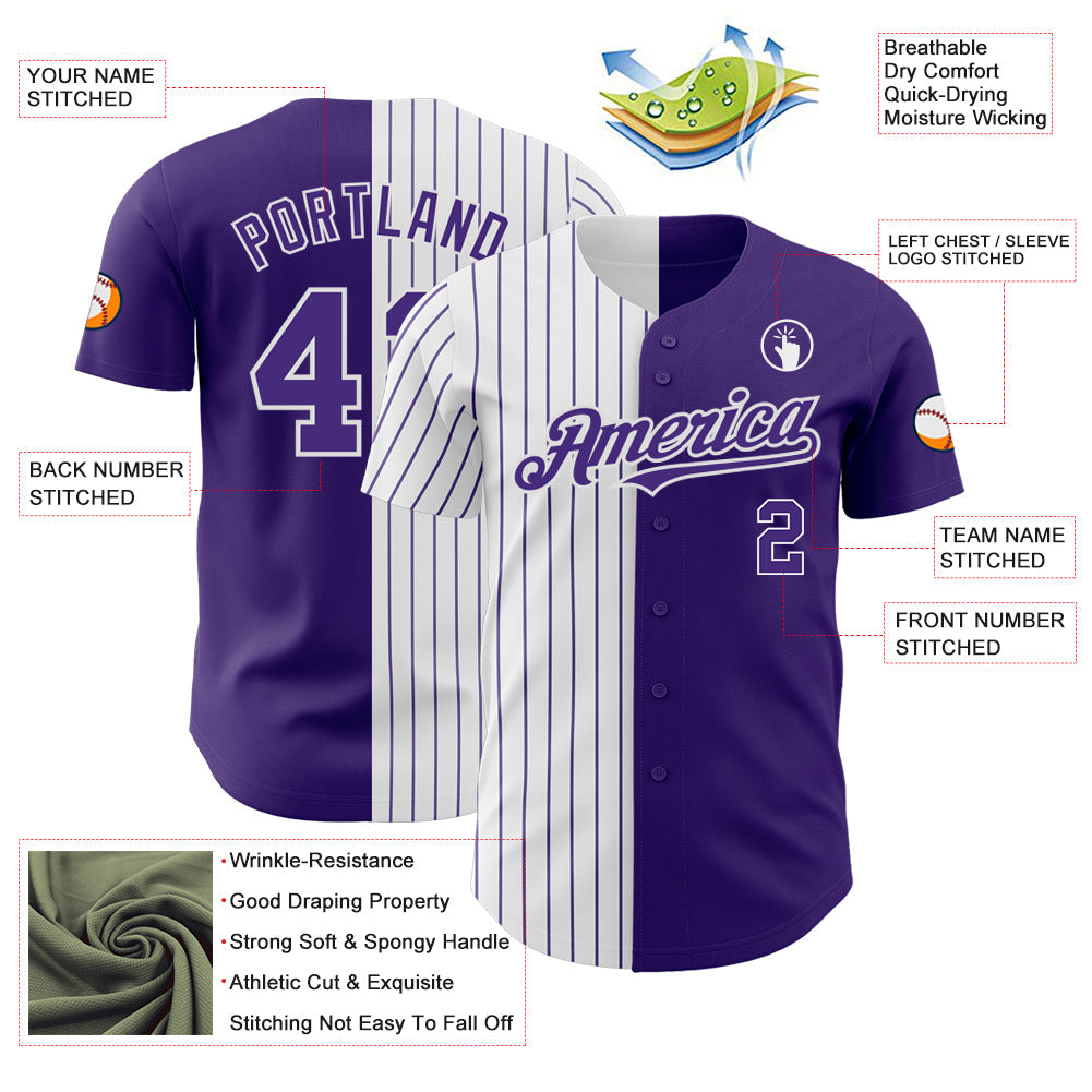 Custom Purple White-Purple Pinstripe Authentic Split Fashion Baseball Jersey view 3