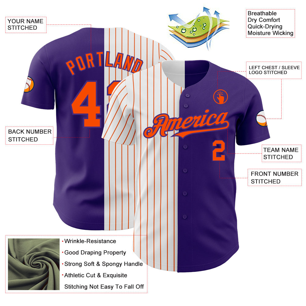 Custom Purple White-Orange Pinstripe Authentic Split Fashion Baseball Jersey view 3