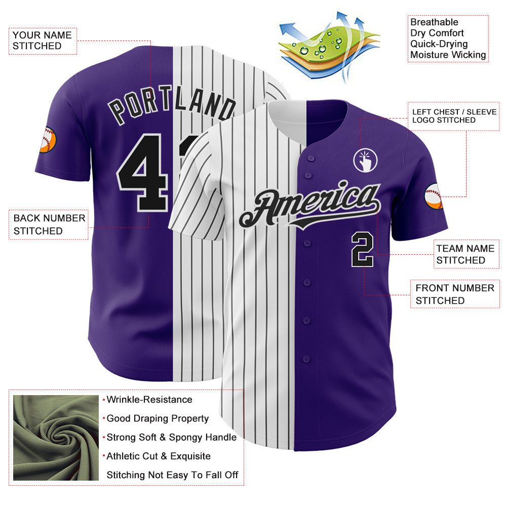 Custom Purple White-Black Pinstripe Authentic Split Fashion Baseball Jersey view 3