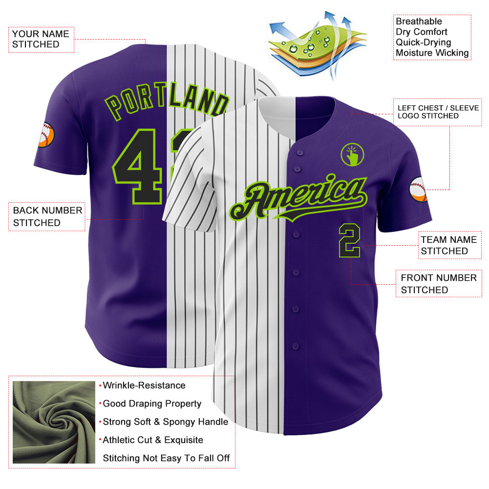 Custom Purple Neon Green-Black Pinstripe Authentic Split Fashion Baseball Jersey view 3