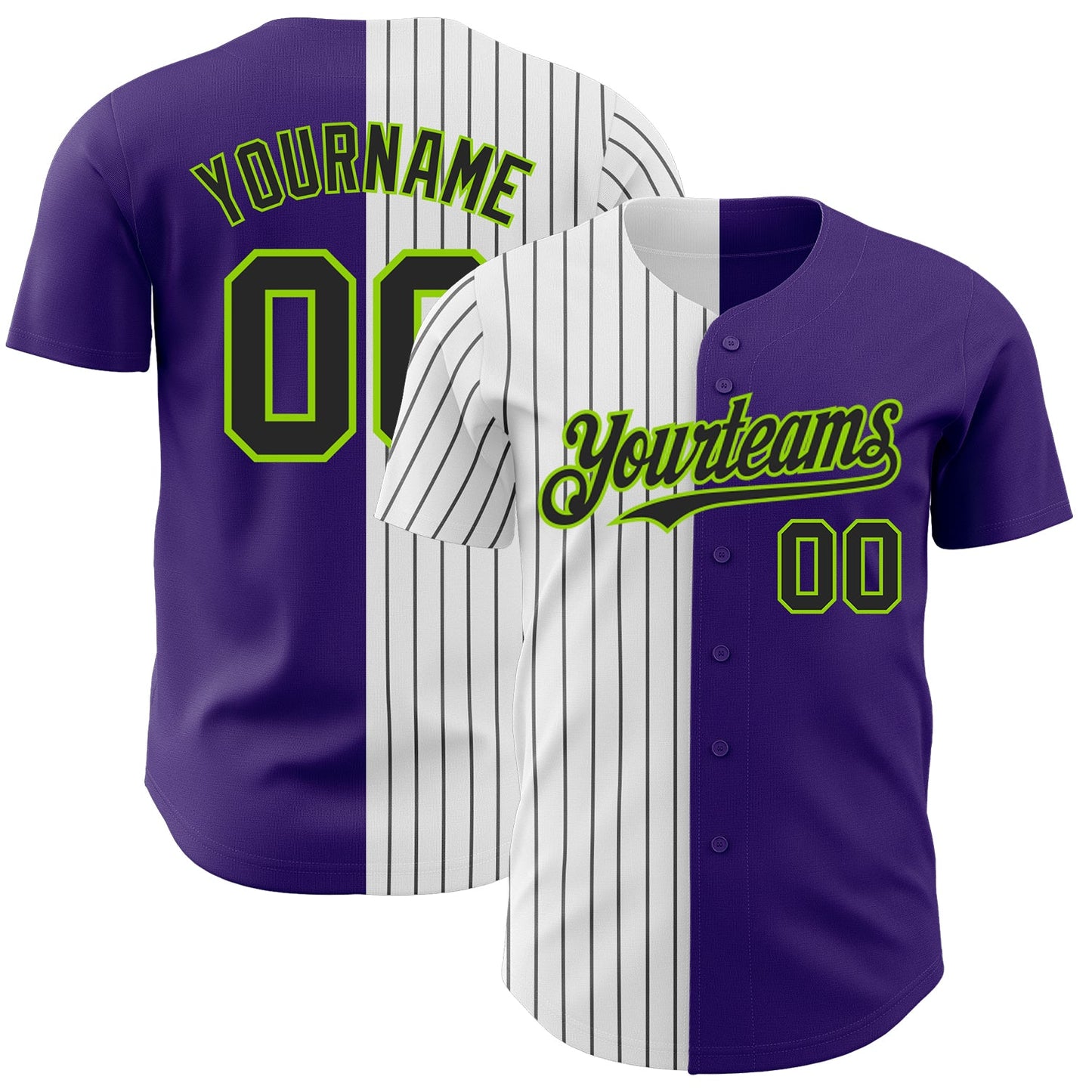 Custom Purple Neon Green-Black Pinstripe Authentic Split Fashion Baseball Jersey - Main View