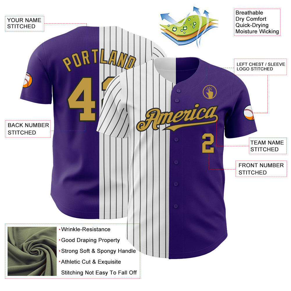 Custom Purple Old Gold-Black Pinstripe Authentic Split Fashion Baseball Jersey view 3