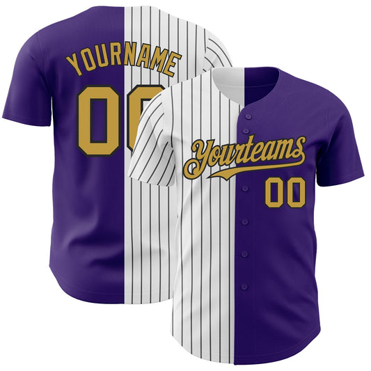 Custom Purple Old Gold-Black Pinstripe Authentic Split Fashion Baseball Jersey - Main View