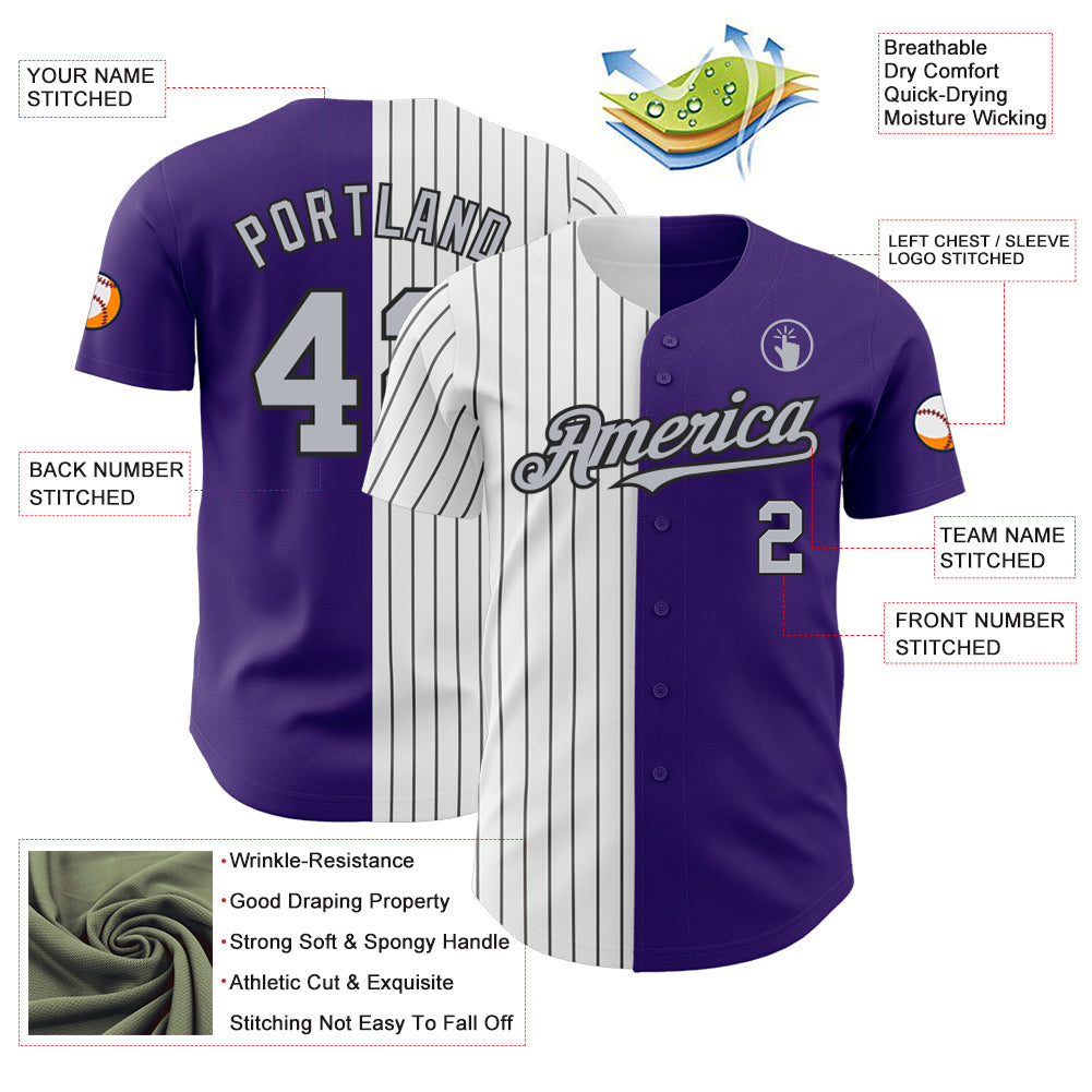 Custom Purple Gray-Black Pinstripe Authentic Split Fashion Baseball Jersey view 3