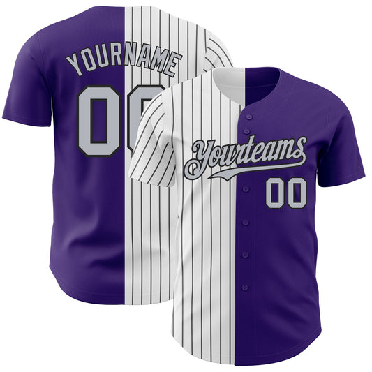 Custom Purple Gray-Black Pinstripe Authentic Split Fashion Baseball Jersey - Main View
