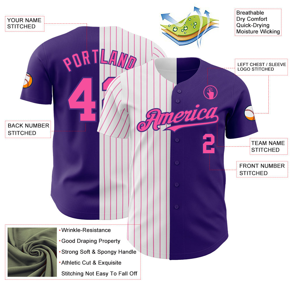Custom Purple White-Pink Pinstripe Authentic Split Fashion Baseball Jersey view 3