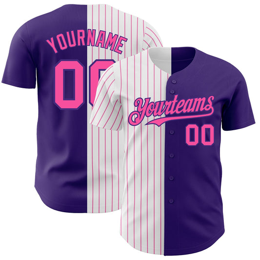 Custom Purple White-Pink Pinstripe Authentic Split Fashion Baseball Jersey - Main View