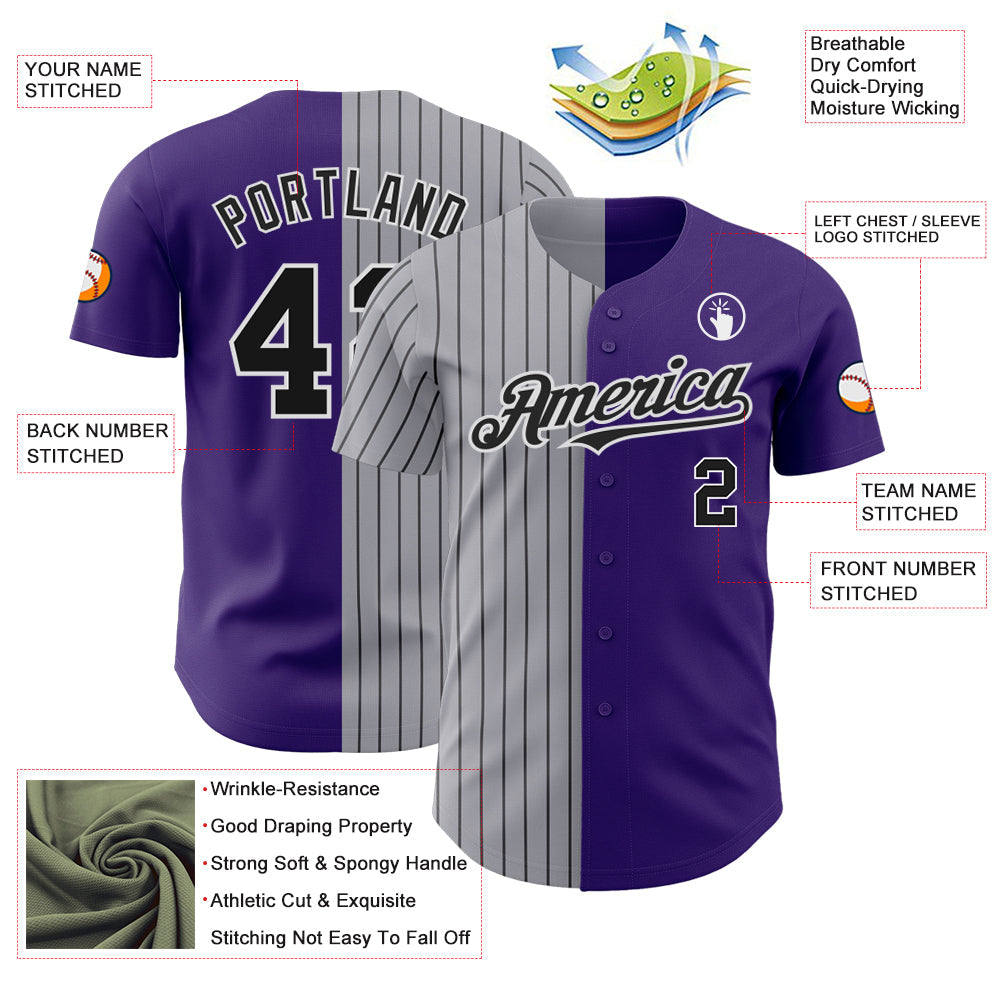 Custom Purple Gray-Black Pinstripe Authentic Split Fashion Baseball Jersey view 3