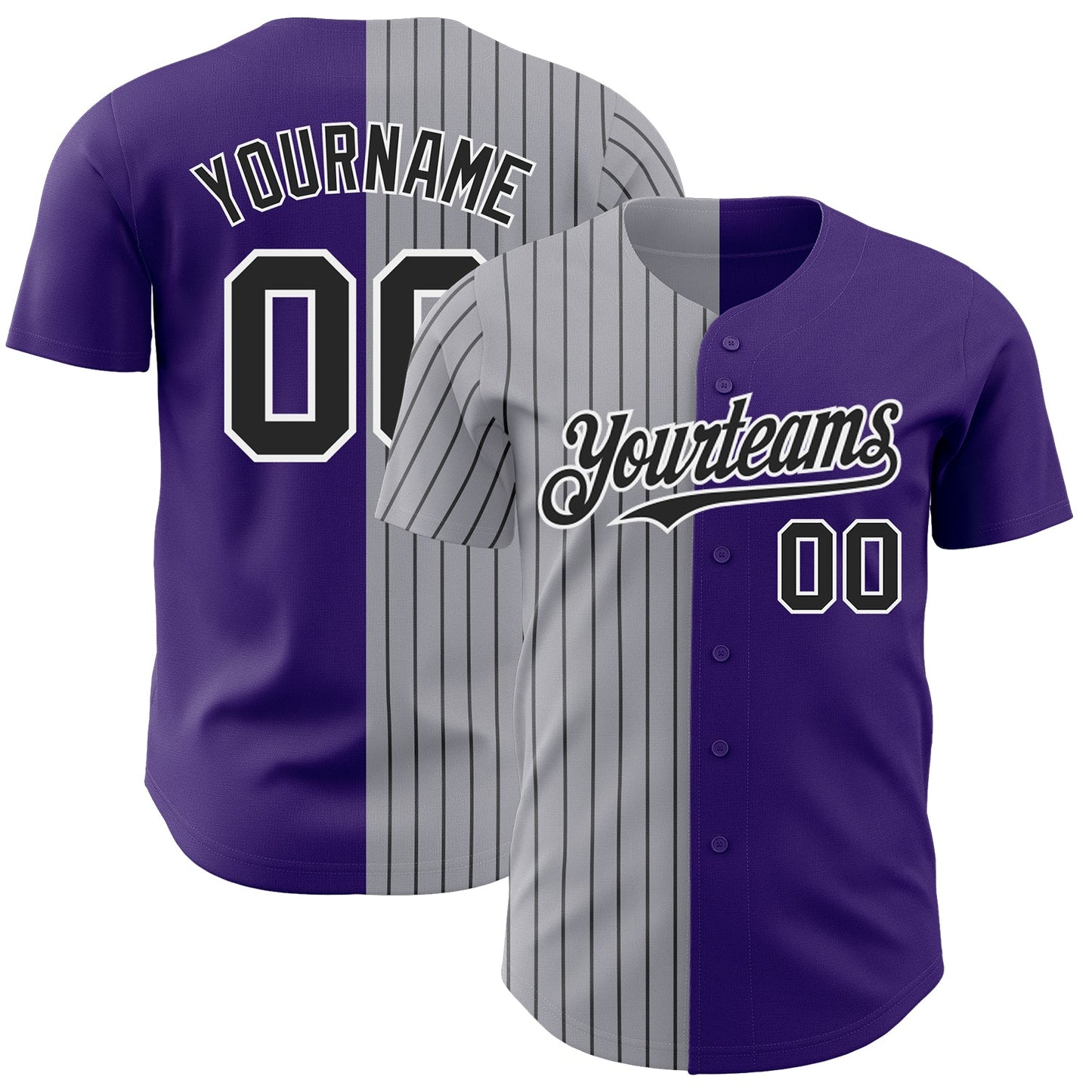 Custom Purple Gray-Black Pinstripe Authentic Split Fashion Baseball Jersey - Main View
