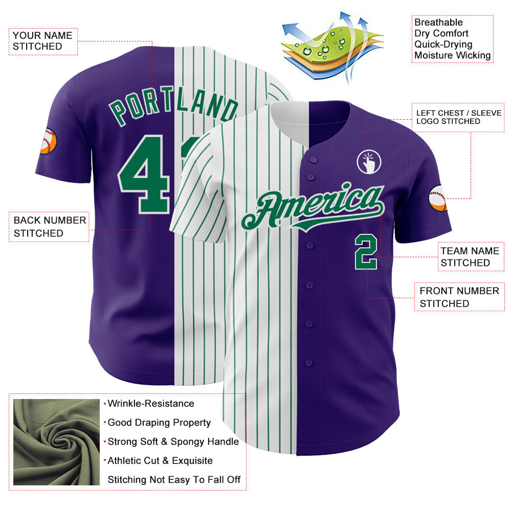 Custom Purple White-Kelly Green Pinstripe Authentic Split Fashion Baseball Jersey view 3