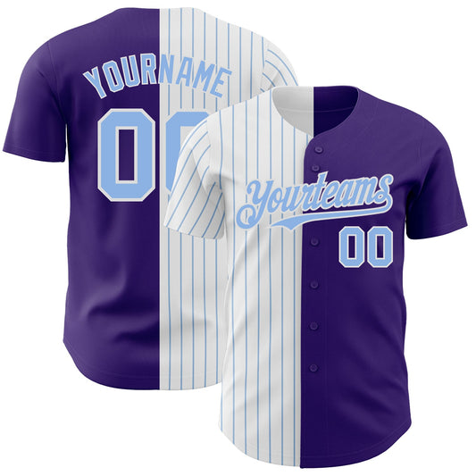 Custom Purple White-Light Blue Pinstripe Authentic Split Fashion Baseball Jersey - Main View