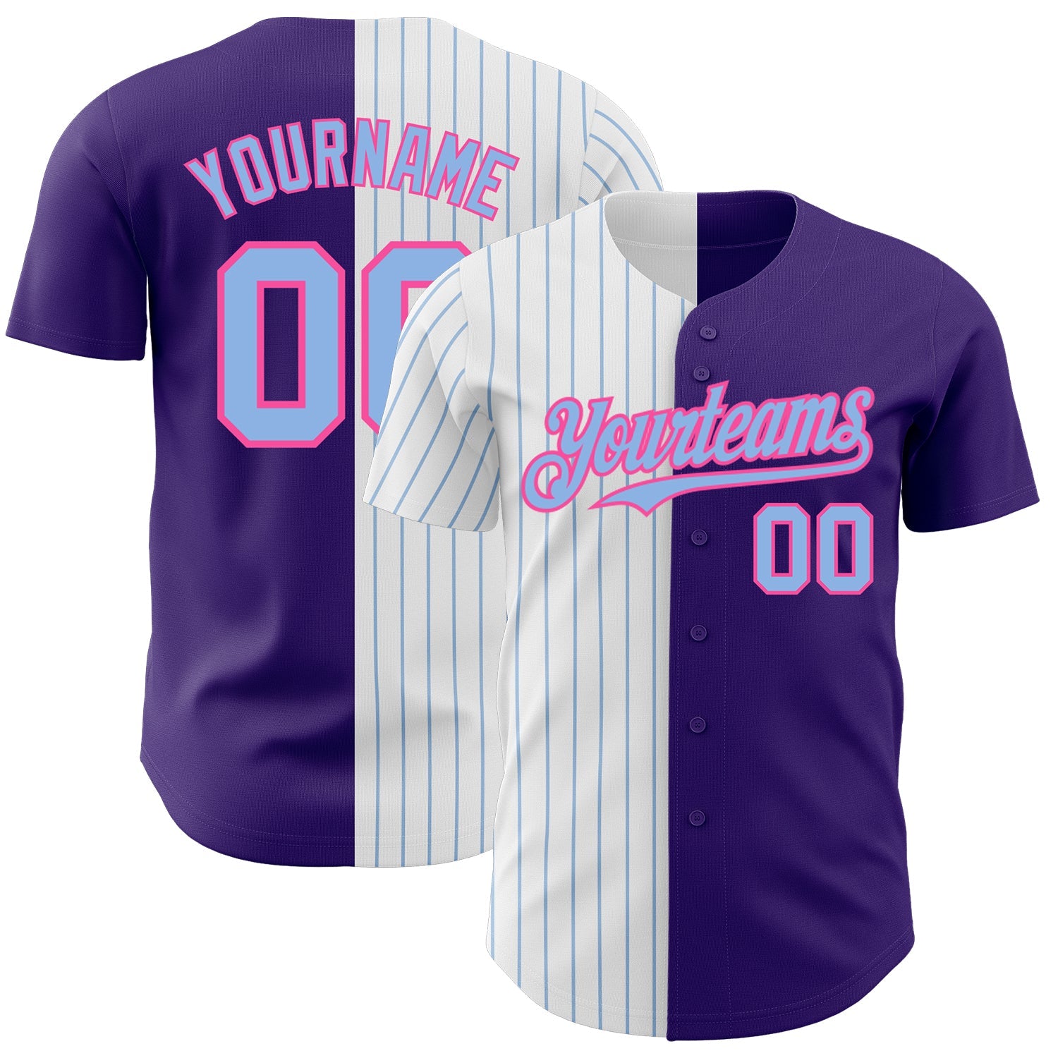 Custom Purple Pink-Light Blue Pinstripe Authentic Split Fashion Baseball Jersey - Main View