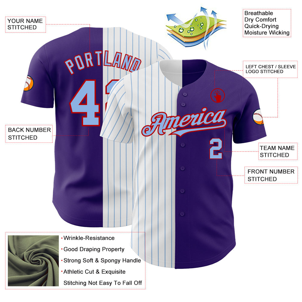Custom Purple Red-Light Blue Pinstripe Authentic Split Fashion Baseball Jersey view 3
