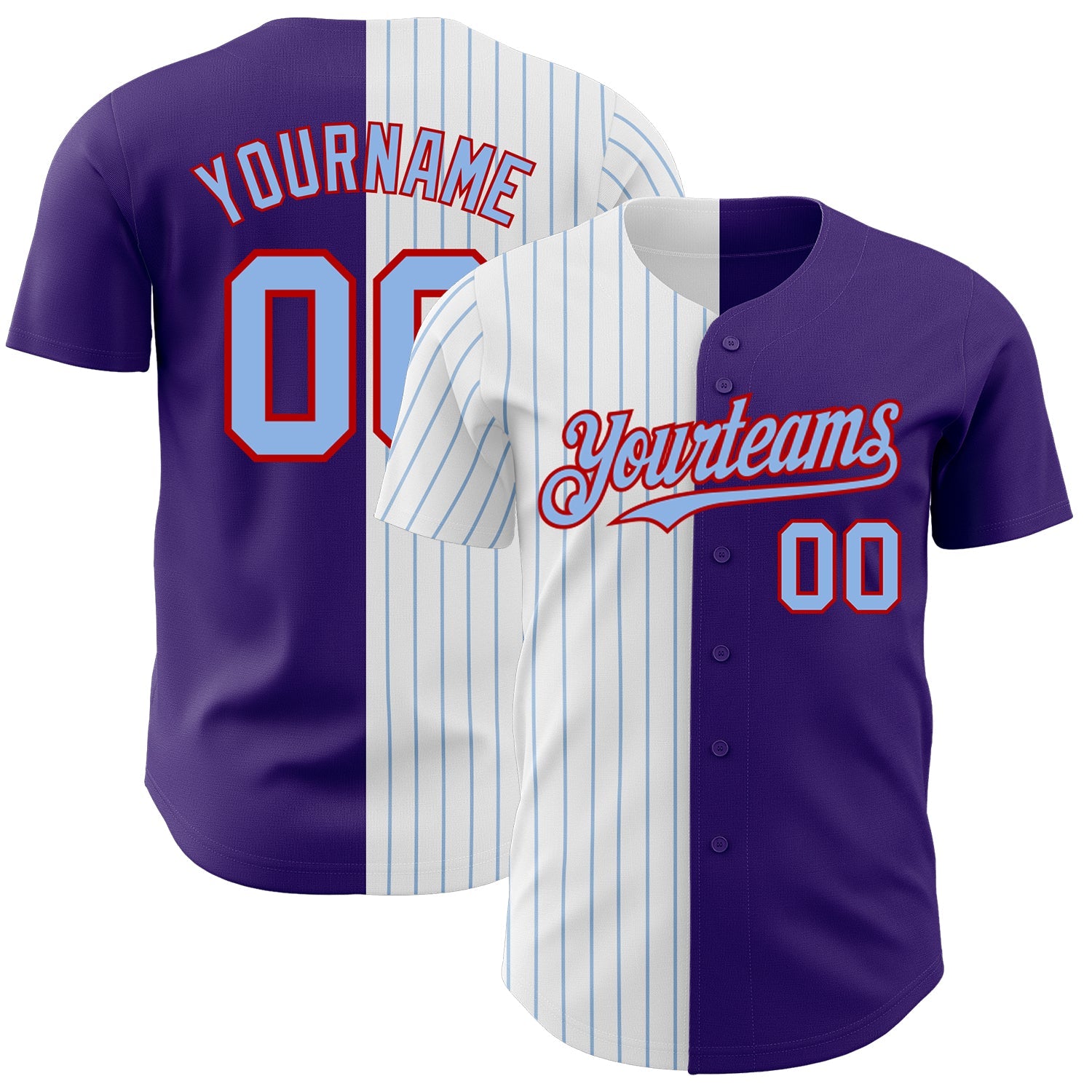 Custom Purple Red-Light Blue Pinstripe Authentic Split Fashion Baseball Jersey - Main View