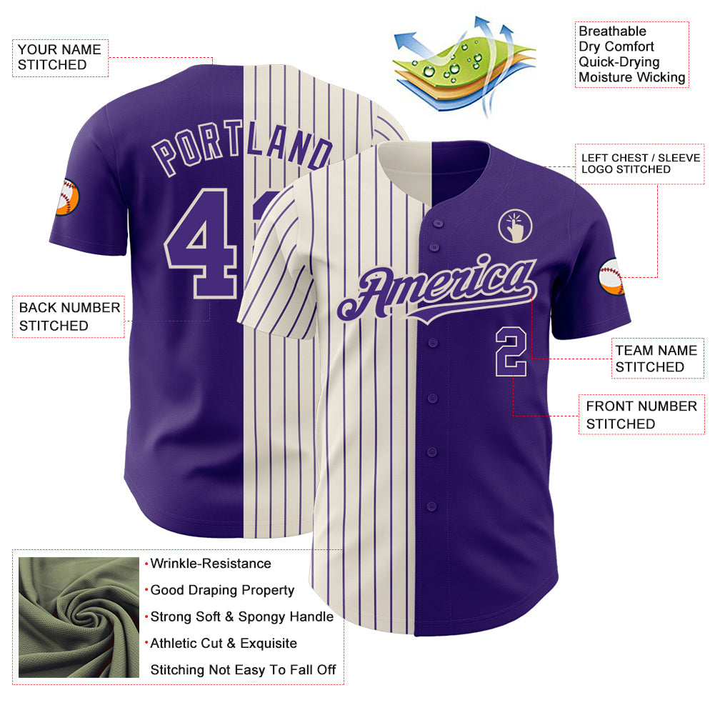 Custom Purple Cream-Purple Pinstripe Authentic Split Fashion Baseball Jersey view 3