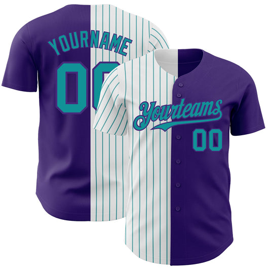 Custom Purple White-Teal Pinstripe Authentic Split Fashion Baseball Jersey - Main View