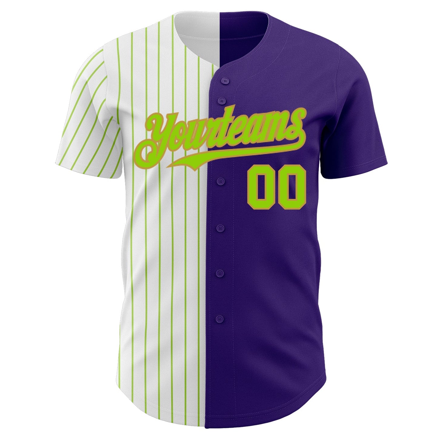 Custom Purple Old Gold-Neon Green Pinstripe Authentic Split Fashion Baseball Jersey view 2