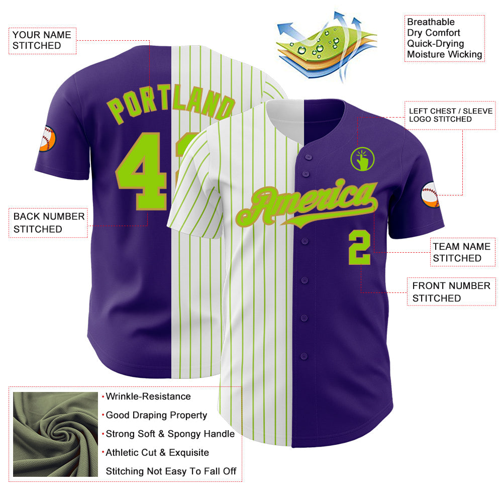 Custom Purple Old Gold-Neon Green Pinstripe Authentic Split Fashion Baseball Jersey view 3