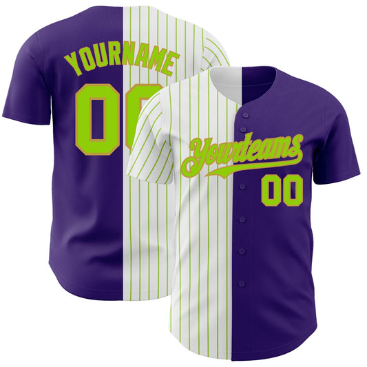 Custom Purple Old Gold-Neon Green Pinstripe Authentic Split Fashion Baseball Jersey - Main View