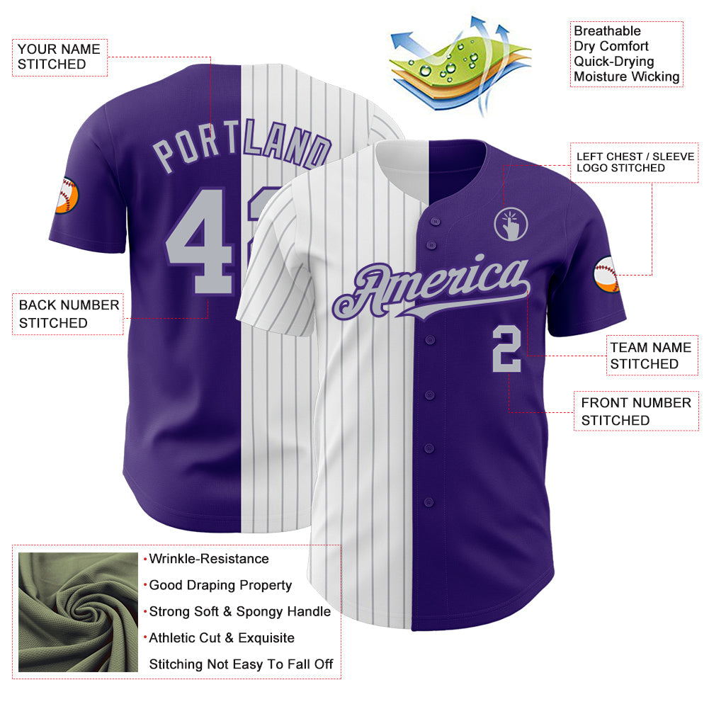 Custom Purple White-Gray Pinstripe Authentic Split Fashion Baseball Jersey view 3