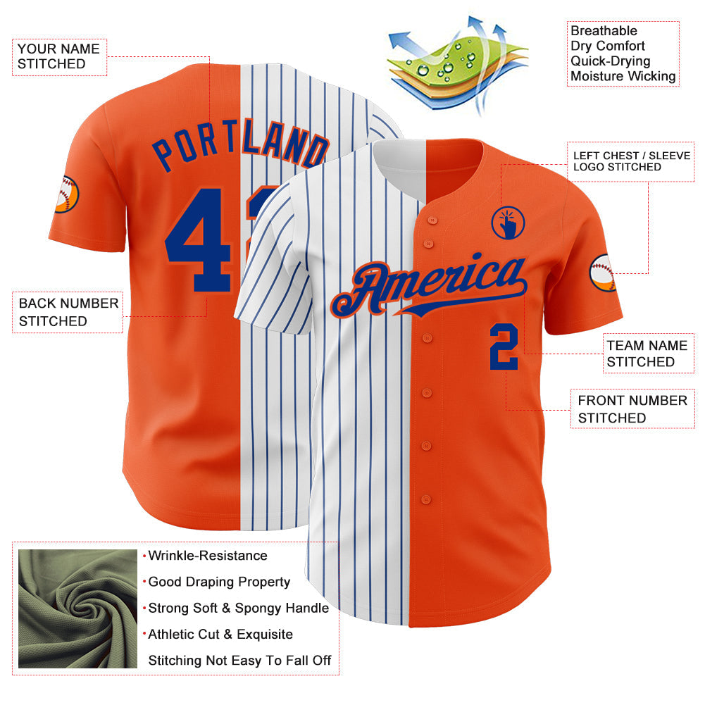 Custom Orange White-Royal Pinstripe Authentic Split Fashion Baseball Jersey view 3