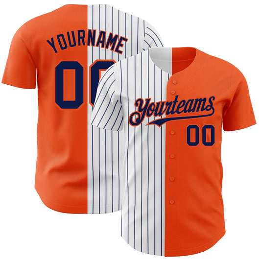 Custom Orange White-Navy Pinstripe Authentic Split Fashion Baseball Jersey - Main View