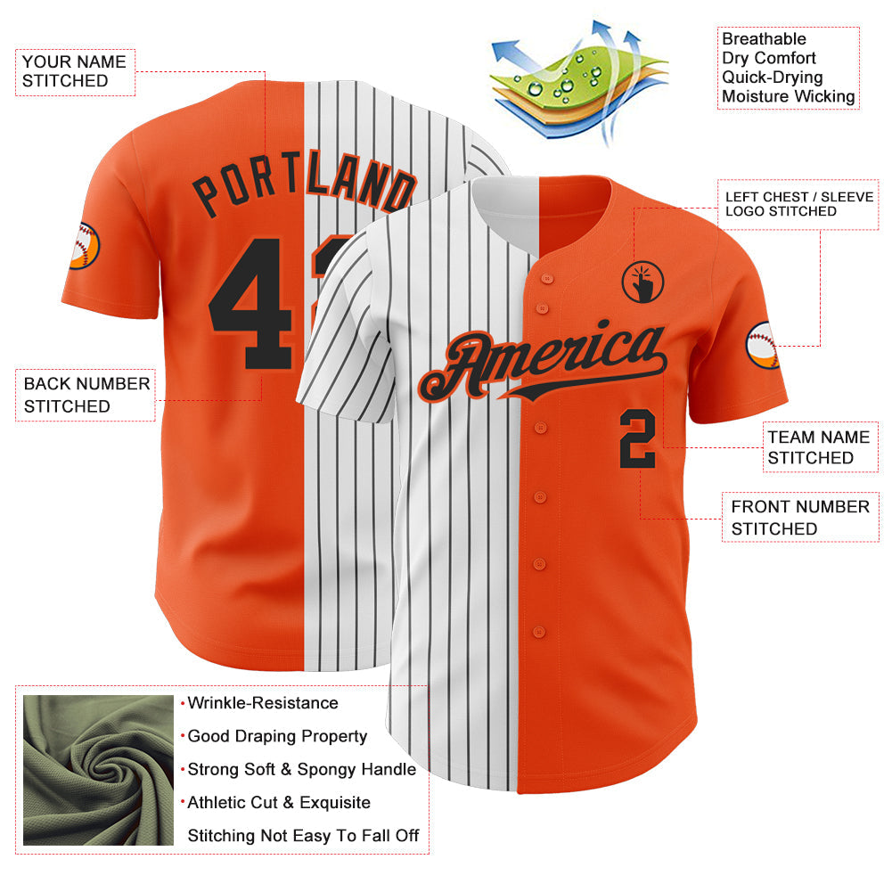 Custom Orange White-Black Pinstripe Authentic Split Fashion Baseball Jersey view 3
