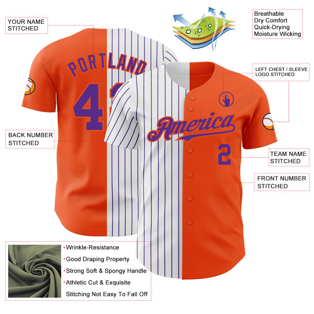 Custom Orange White-Purple Pinstripe Authentic Split Fashion Baseball Jersey view 3