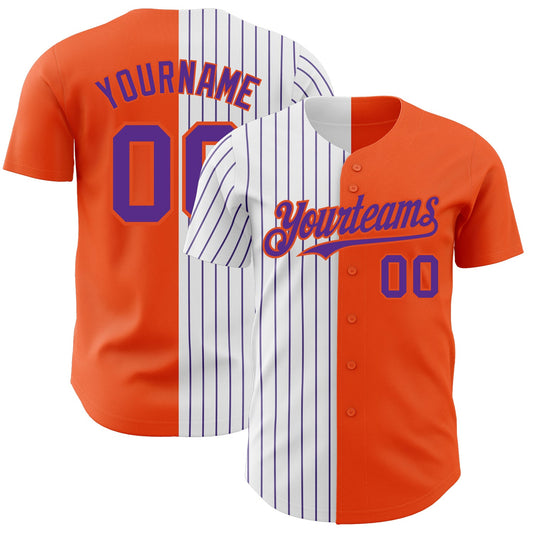 Custom Orange White-Purple Pinstripe Authentic Split Fashion Baseball Jersey - Main View