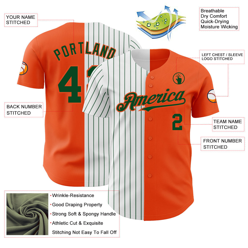 Custom Orange White-Green Pinstripe Authentic Split Fashion Baseball Jersey view 3