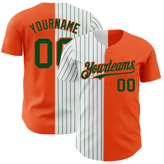 Custom Orange White-Green Pinstripe Authentic Split Fashion Baseball Jersey - Main View