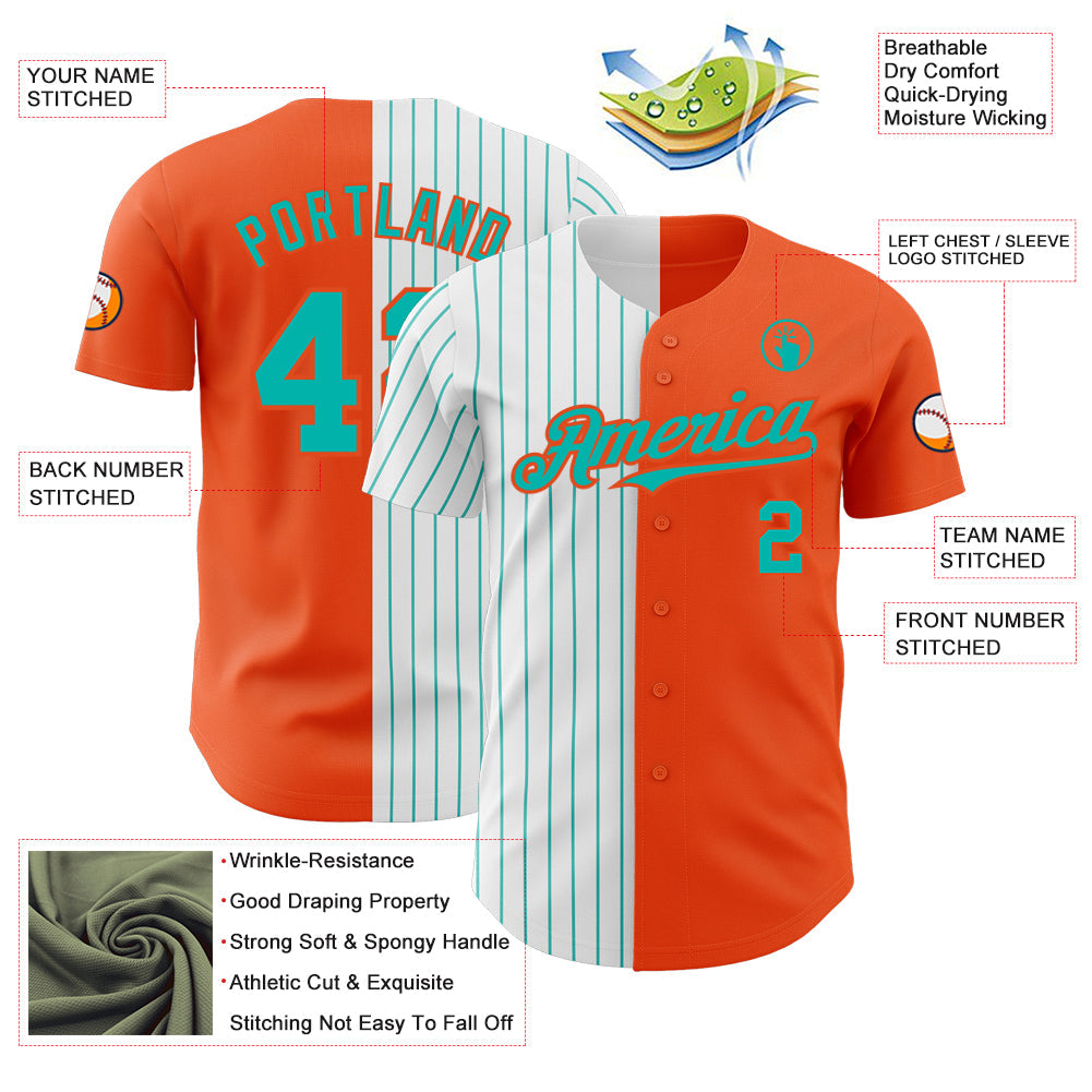 Custom Orange White-Aqua Pinstripe Authentic Split Fashion Baseball Jersey view 3