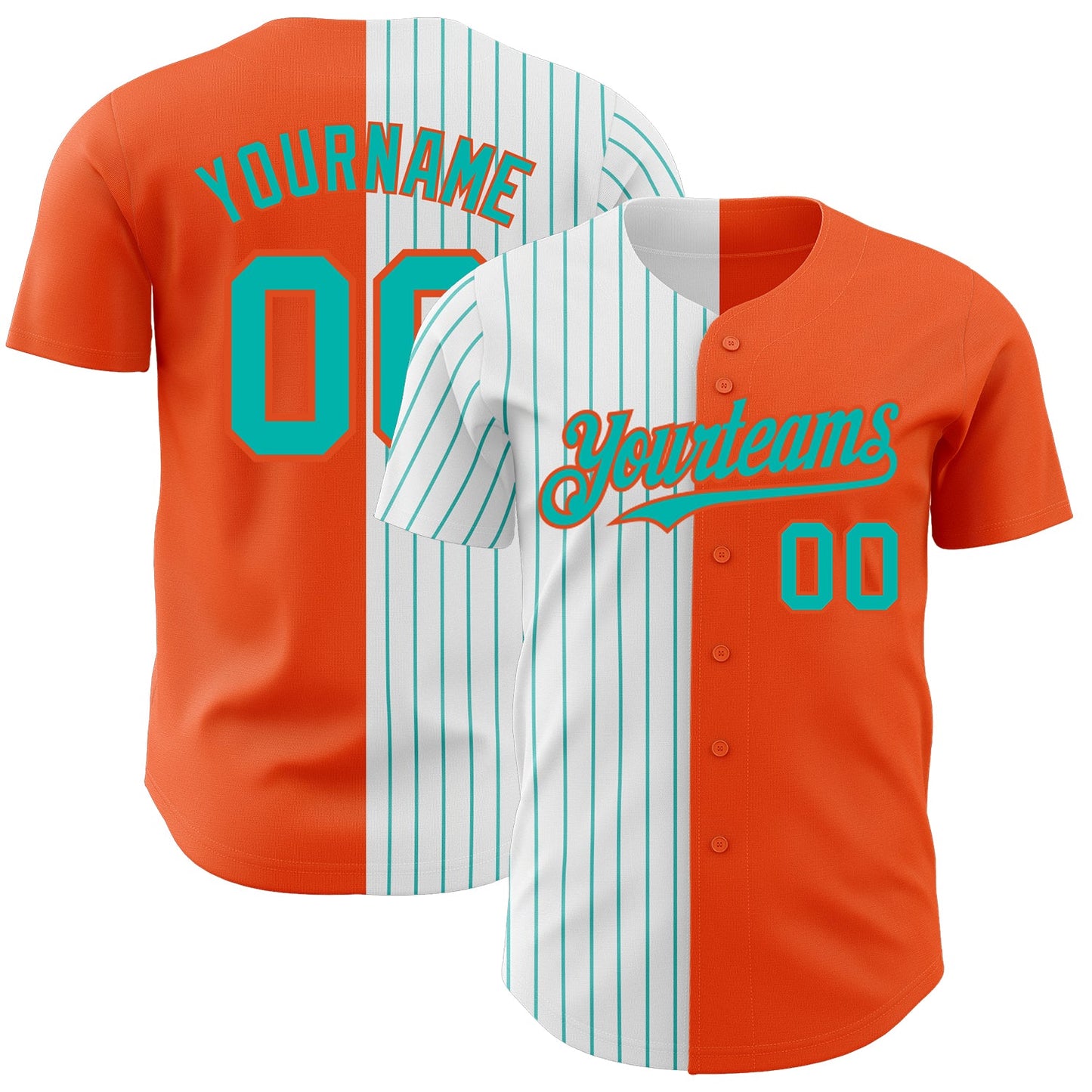 Custom Orange White-Aqua Pinstripe Authentic Split Fashion Baseball Jersey - Main View