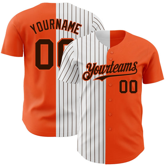 Custom Orange White-Brown Pinstripe Authentic Split Fashion Baseball Jersey - Main View