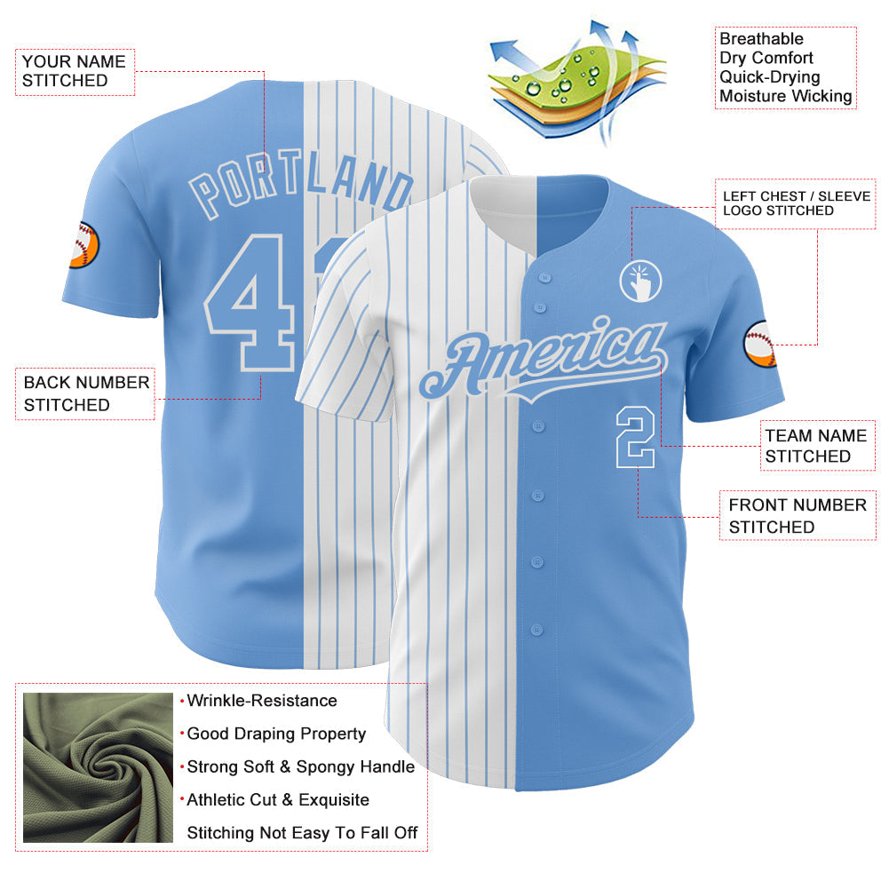 Custom Light Blue White-Light Blue Pinstripe Authentic Split Fashion Baseball Jersey view 3