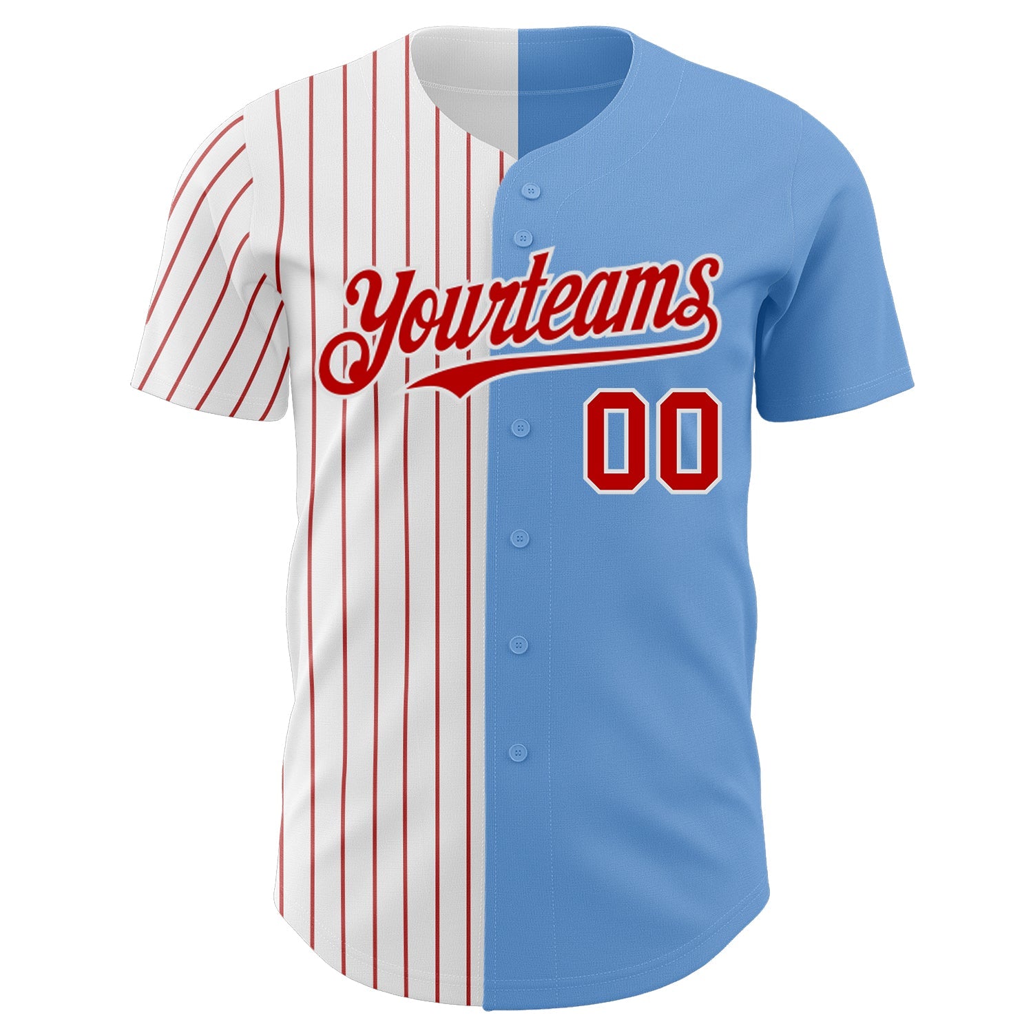 Custom Light Blue White-Red Pinstripe Authentic Split Fashion Baseball Jersey view 2