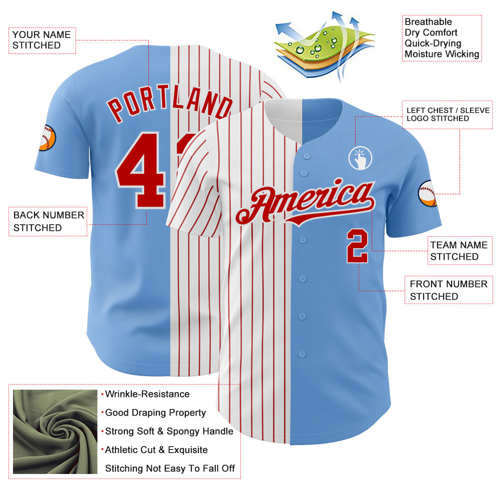 Custom Light Blue White-Red Pinstripe Authentic Split Fashion Baseball Jersey view 3