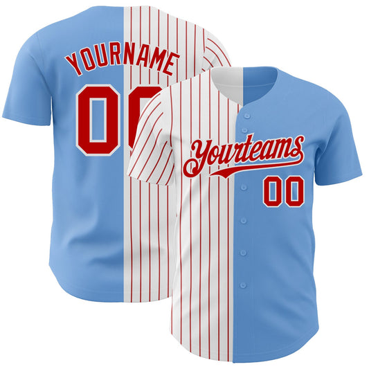 Custom Light Blue White-Red Pinstripe Authentic Split Fashion Baseball Jersey - Main View