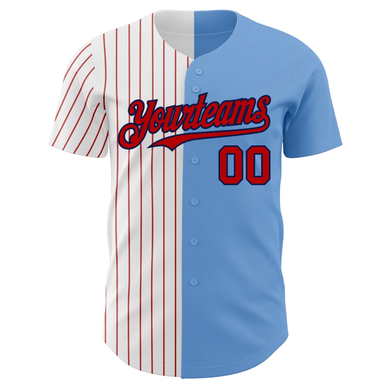 Custom Light Blue Navy-Red Pinstripe Authentic Split Fashion Baseball Jersey view 2