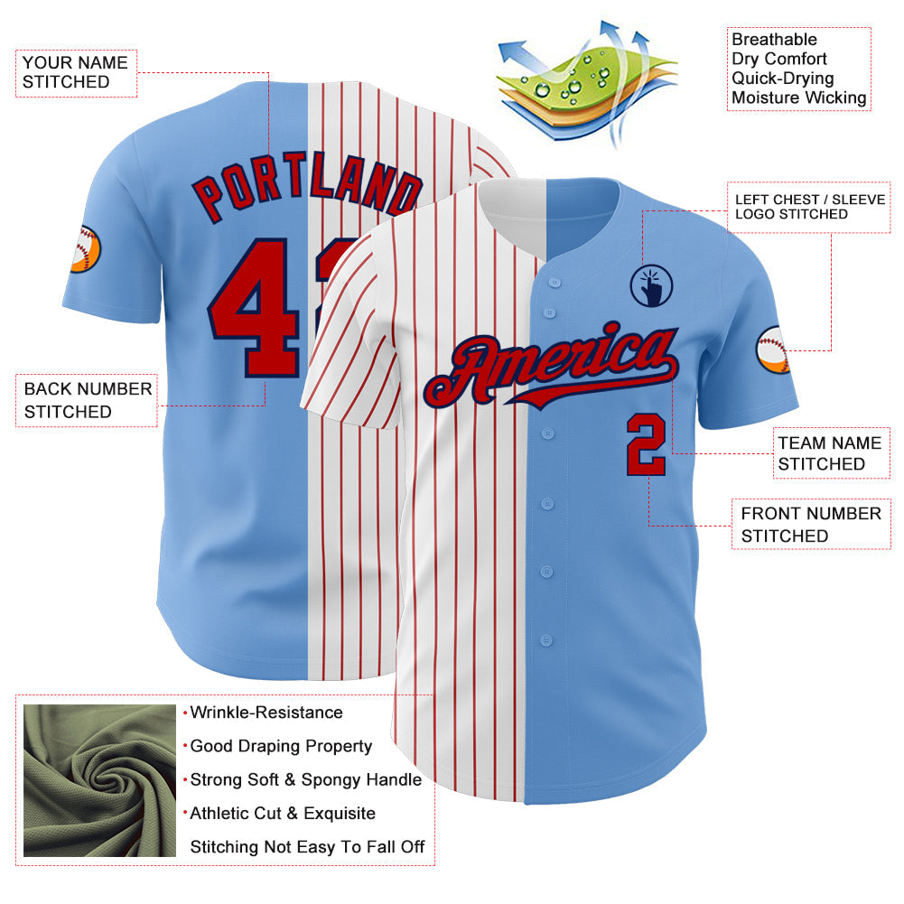 Custom Light Blue Navy-Red Pinstripe Authentic Split Fashion Baseball Jersey view 3